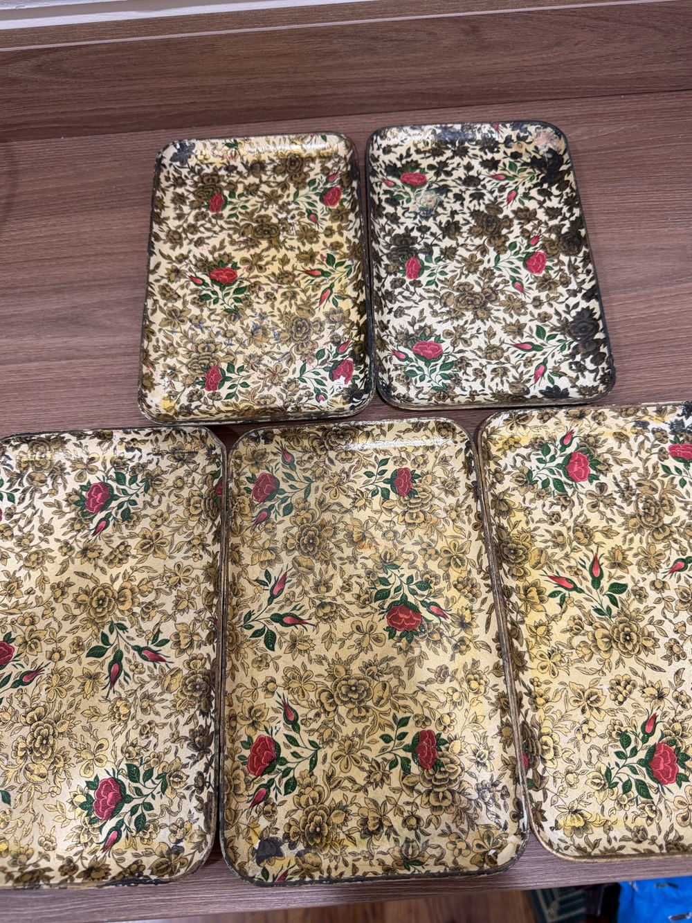 Vintage Highmount Paper Mache Mini Cocktail Bar Trays Gold Red 8x5 Floral Japan